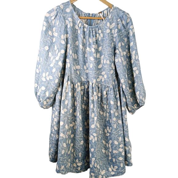 Free People SZ S Paper Hearts Babydoll Mini Dress Blue Floral Linen 1035026 - Picture 2 of 8